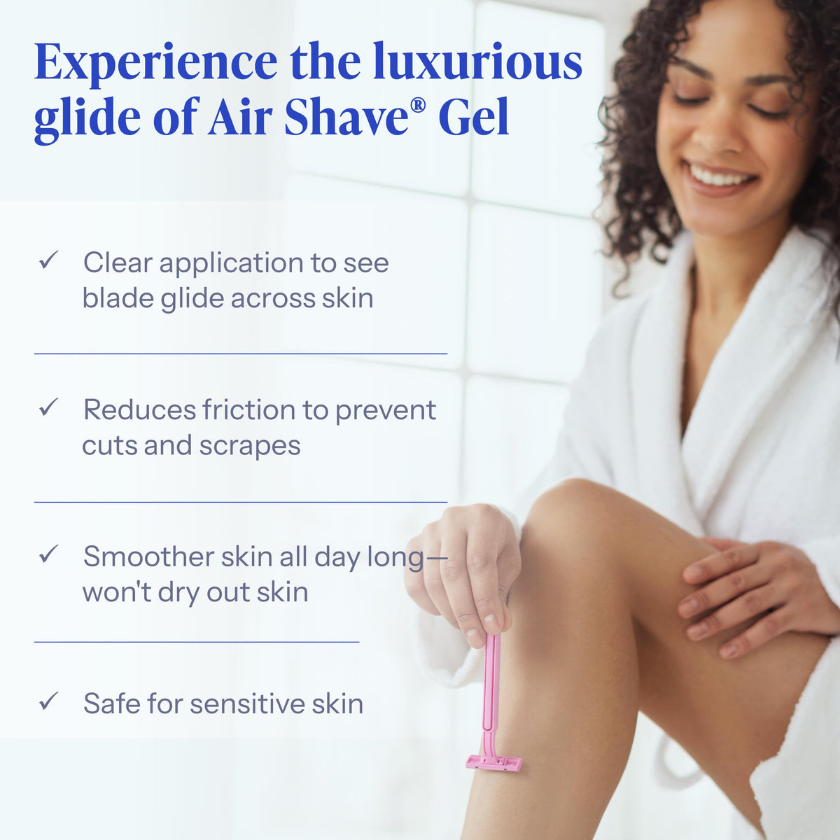 Tend Skin gel applied on leg in use illustrating easy spread and reduced razor friction