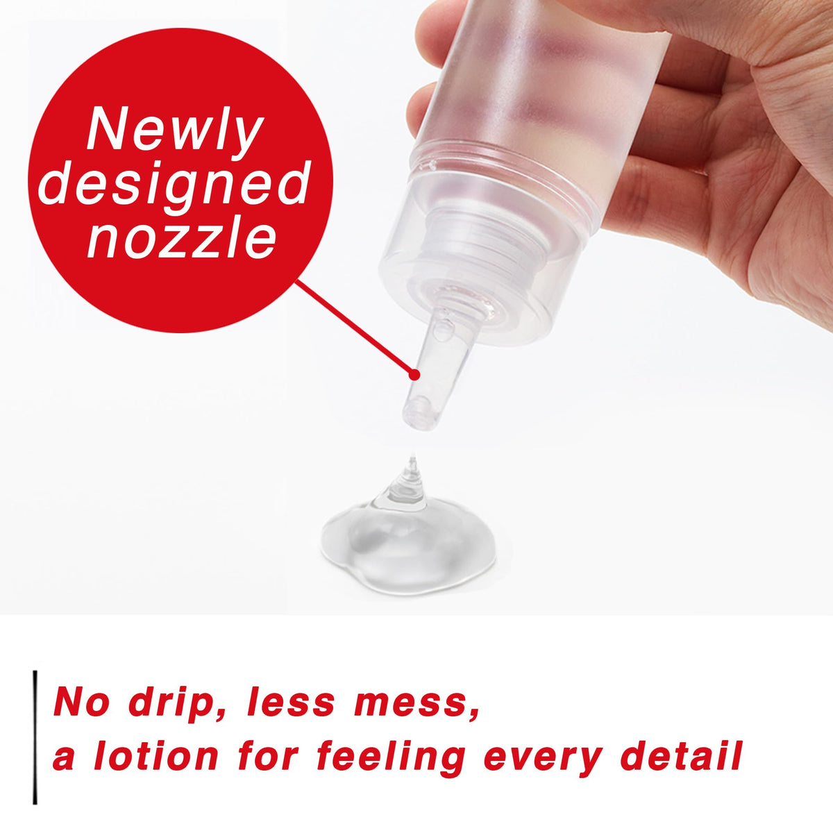 TENGA Red bottle nozzle close-up highlighting long applicator for controlled dispensing