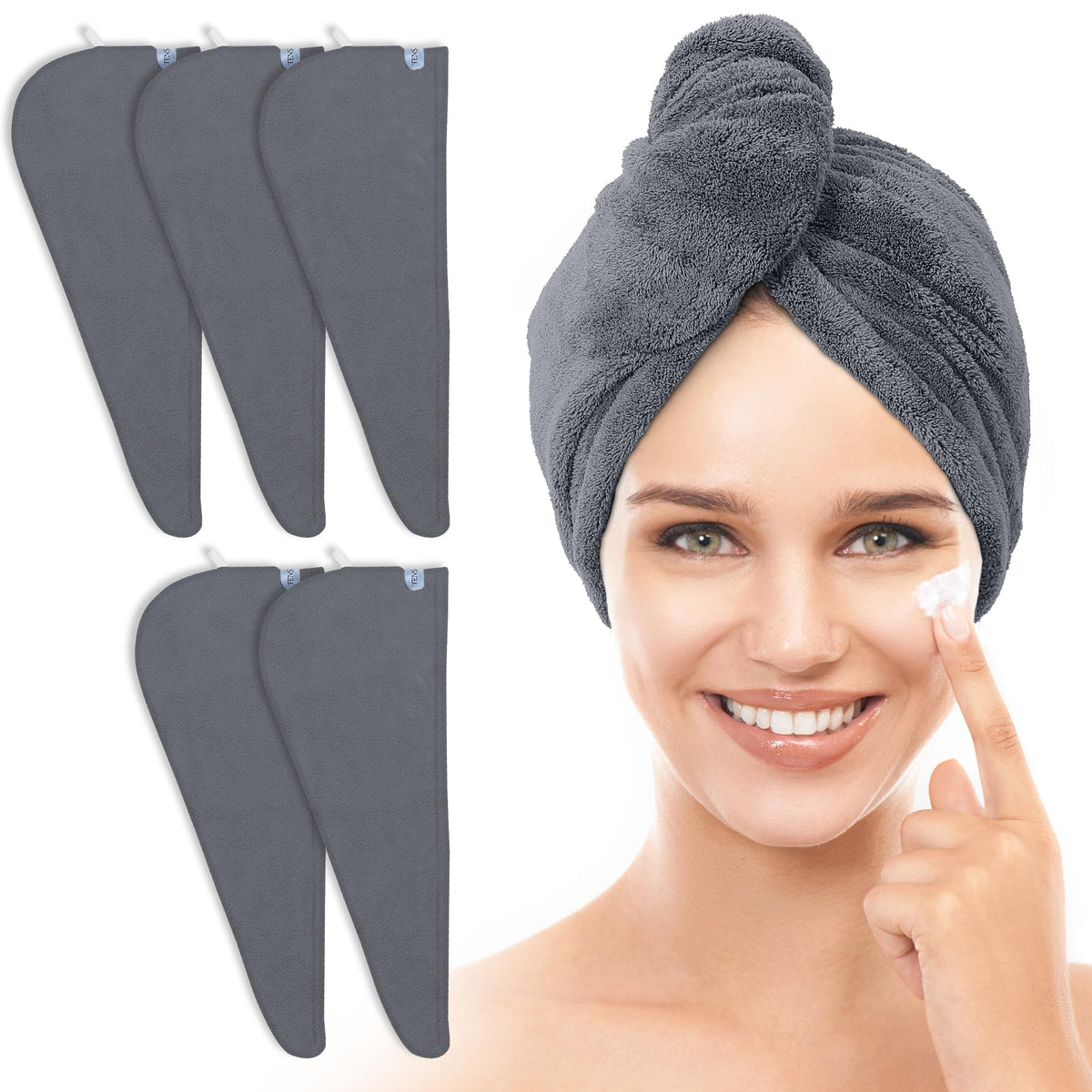 TENSTARS front packaging showing five dark grey towel wraps benefit: complete set convenience
