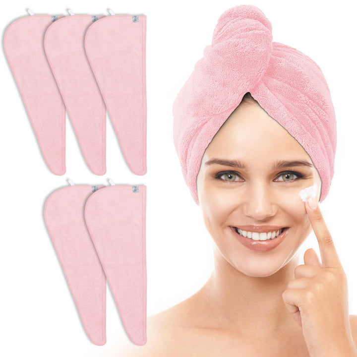 TENSTARS front view of five pink towel wraps shows pack convenience and quick-dry benefit