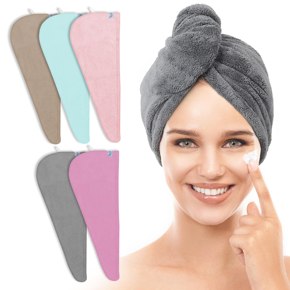 TENSTARS front packaging showing five towel wraps and color variety, quick identification benefit