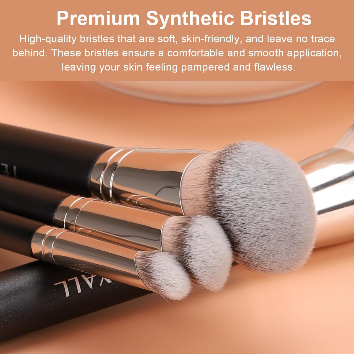 TEOYALL close-up of angled synthetic bristles highlighting soft fibers for streak-free blending