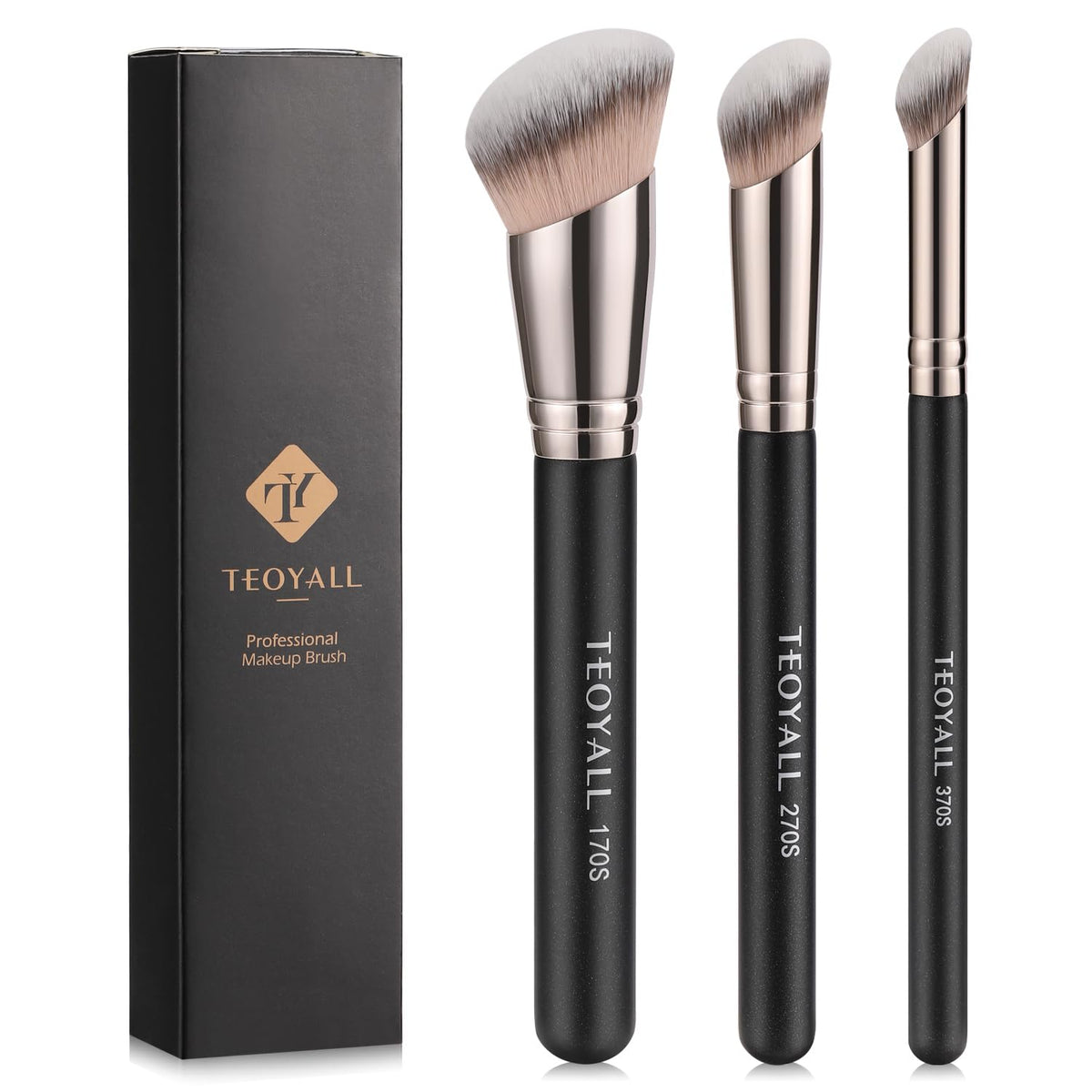 TEOYALL front view of the three-piece brush set showing compact, travel-ready design and precise angles