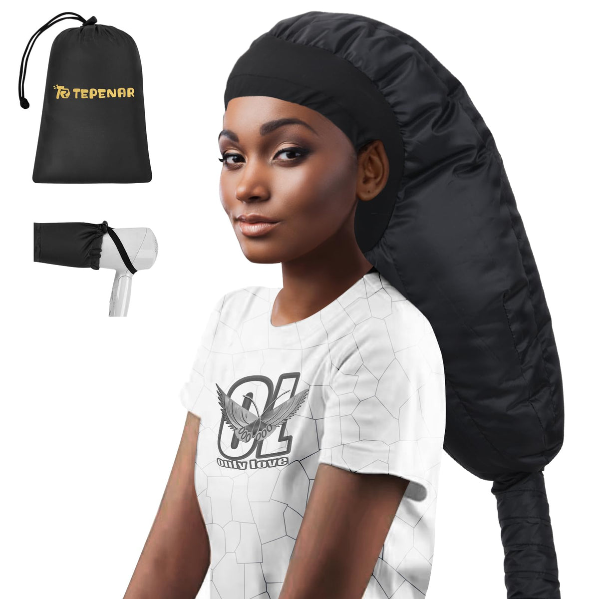 TEPENAR front view of hooded dryer cap showing full coverage and quick drying