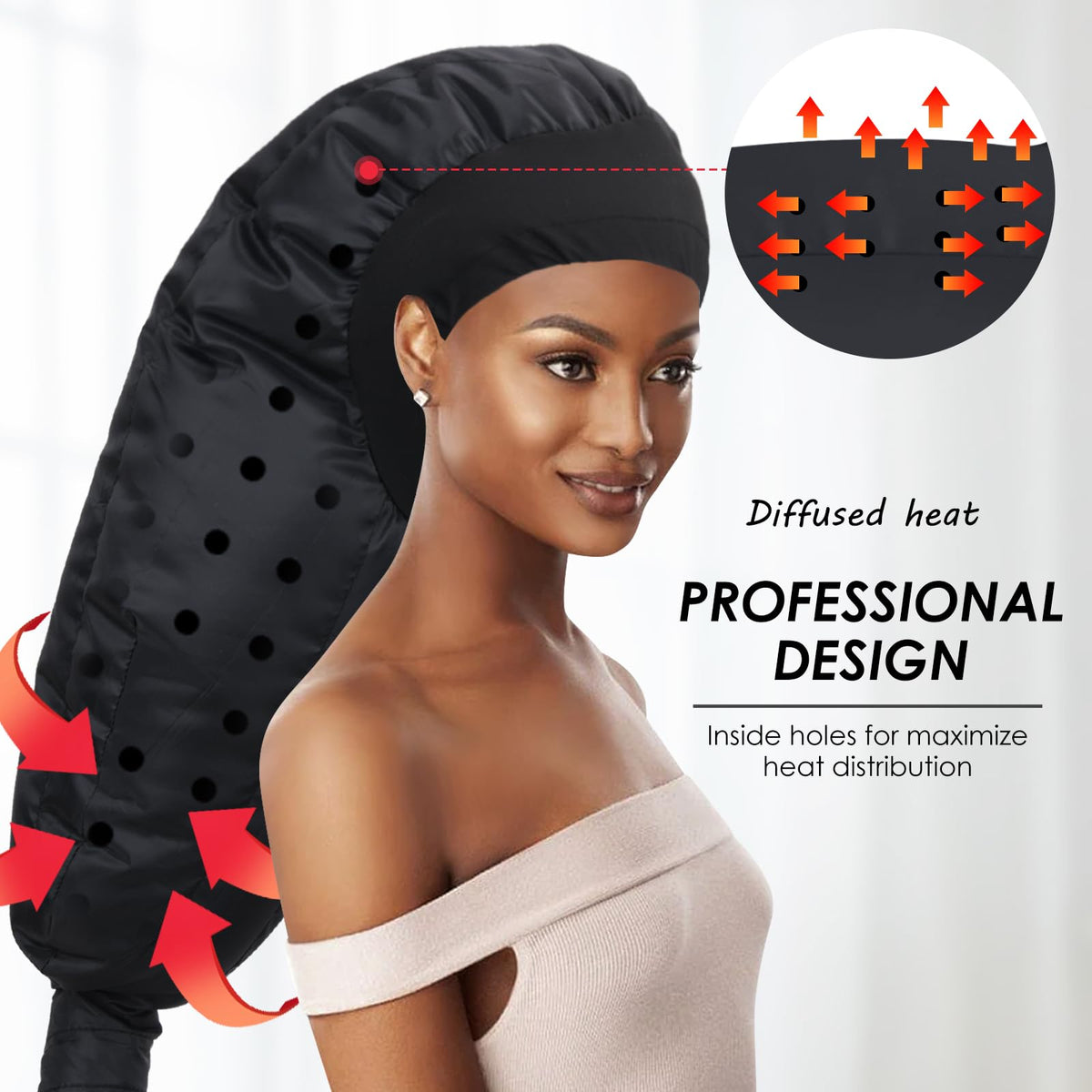 TEPENAR bonnet in use on curly hair enabling handsfree styling and conditioning