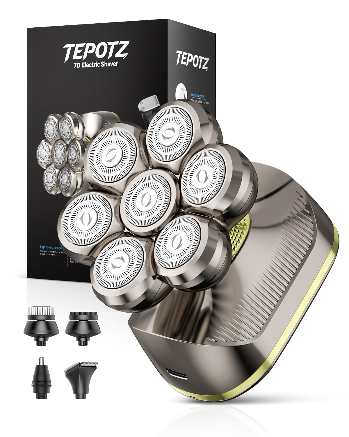 TEPOTZ front view of shaver showing grey and gold finish and ergonomic grip for comfort