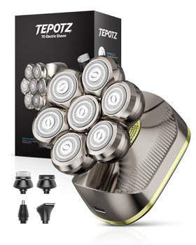 TEPOTZ front view of shaver showing grey and gold finish and ergonomic grip for comfort