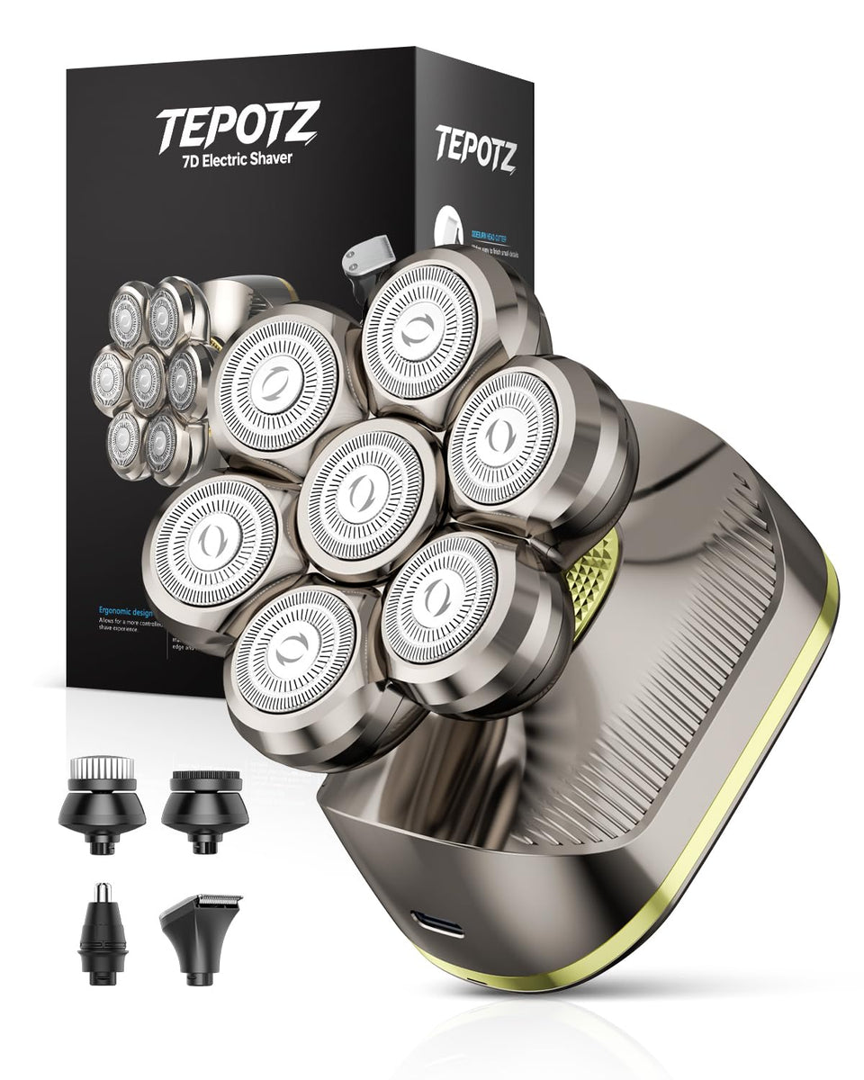 TEPOTZ front view of shaver showing grey and gold finish and ergonomic grip for comfort
