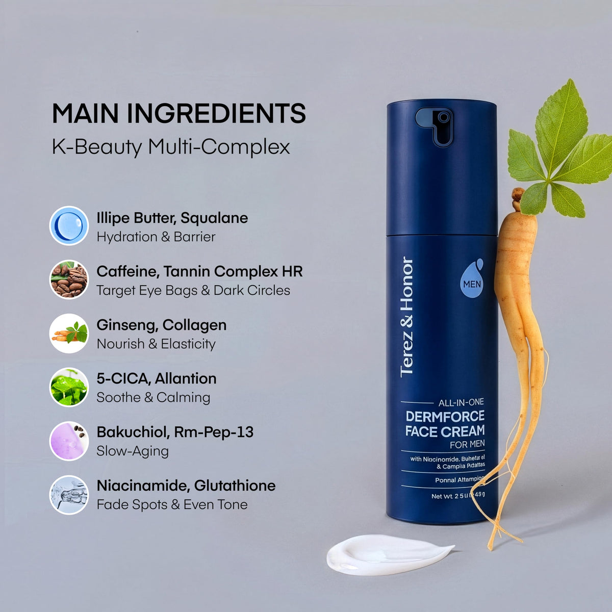 TEREZ & HONOR label close-up listing niacinamide, bakuchiol and caffeine