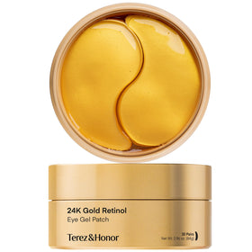 TEREZ & HONOR front packaging showing 24K gold retinol eye patches, clear benefit of targeted wrinkle care