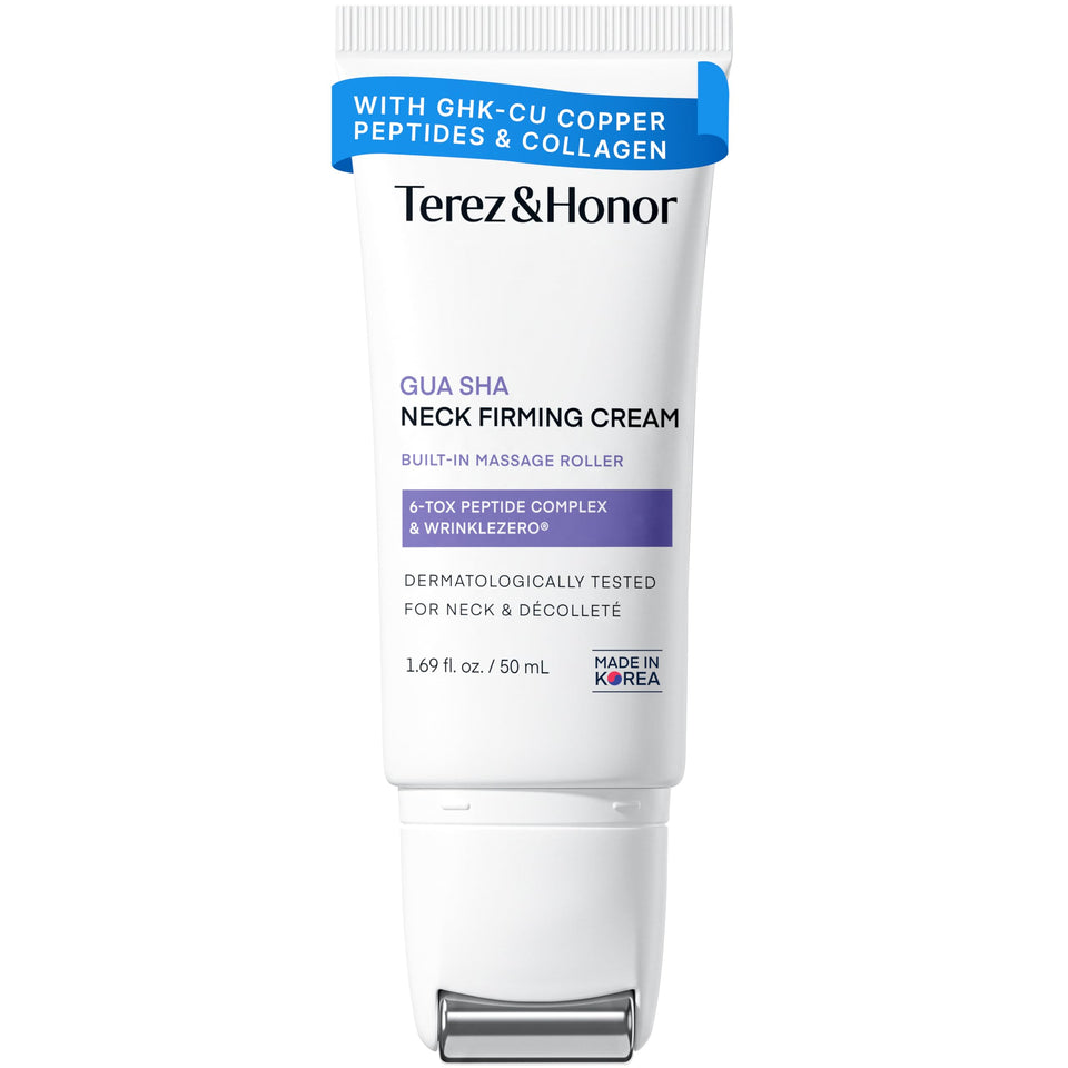 TEREZ & HONOR front packaging showing neck cream and roller, visible benefit: targeted application