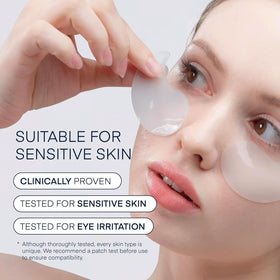 Terez & Honor patches applied under eyes demonstrating de-puffing effect
