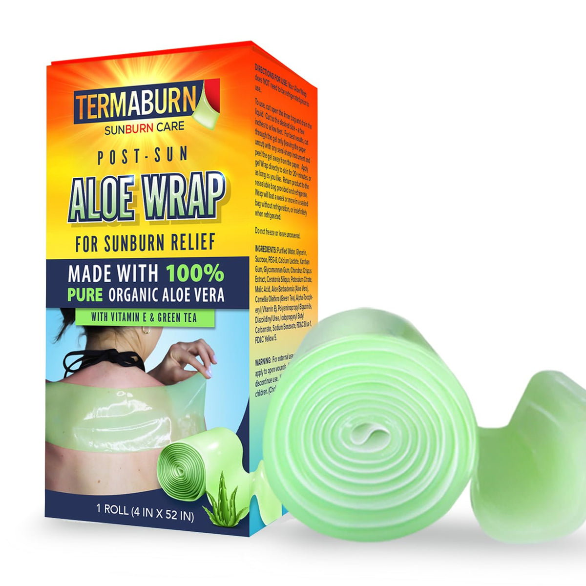 TermaBurn front packaging showing wearable aloe wrap and benefits