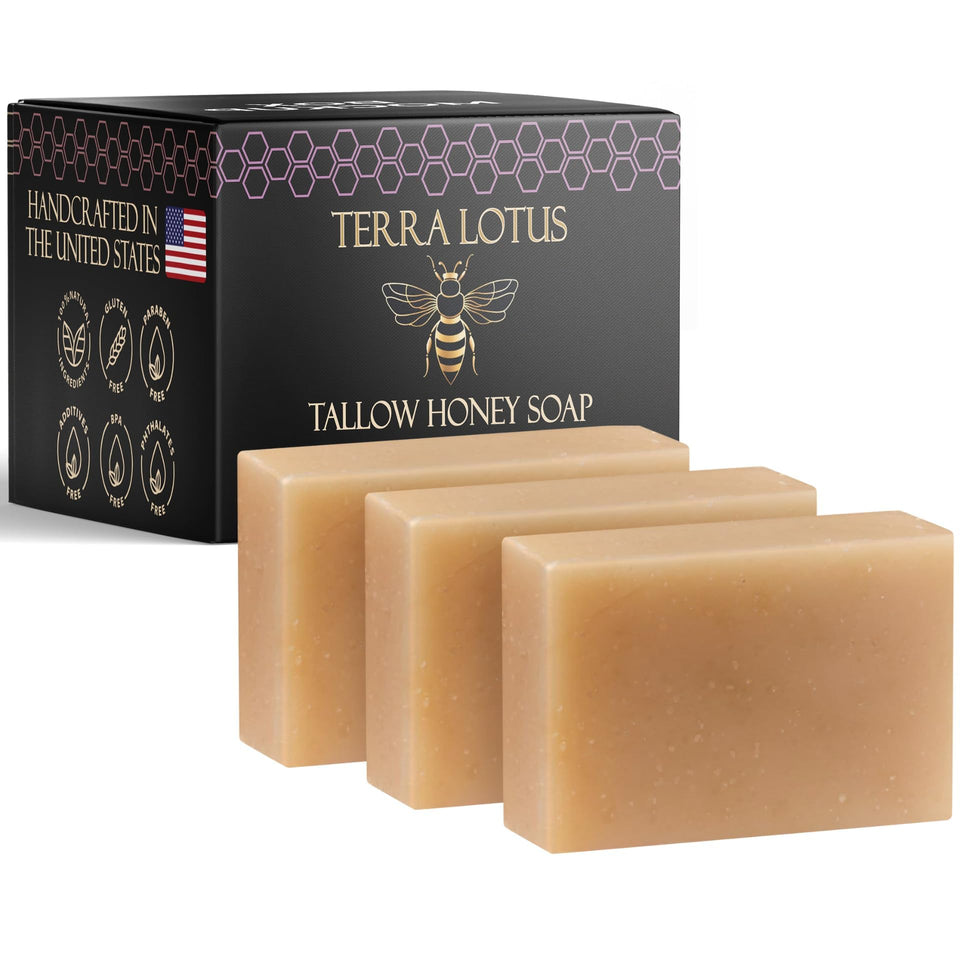 Terra Lotus front packaging of three lavender tallow soap bars showing label benefit
