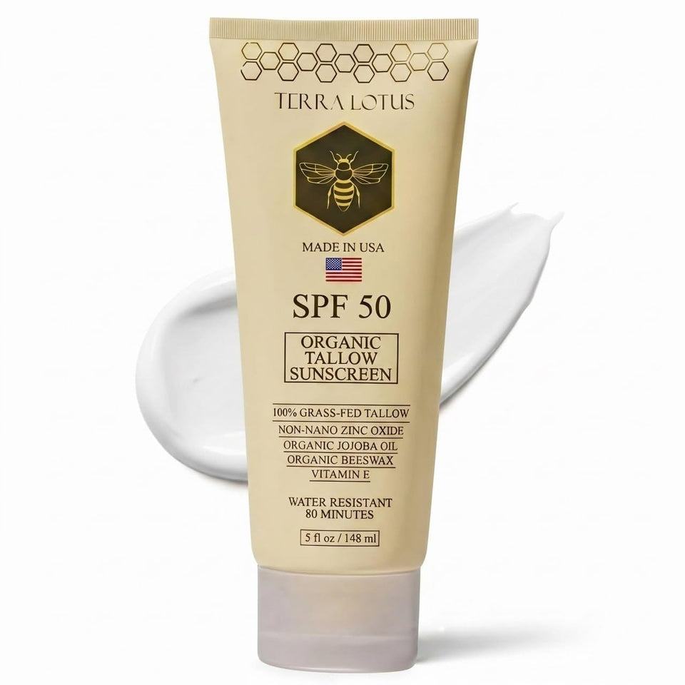Terra Lotus front tub of SPF 50 showing packaging and size benefit