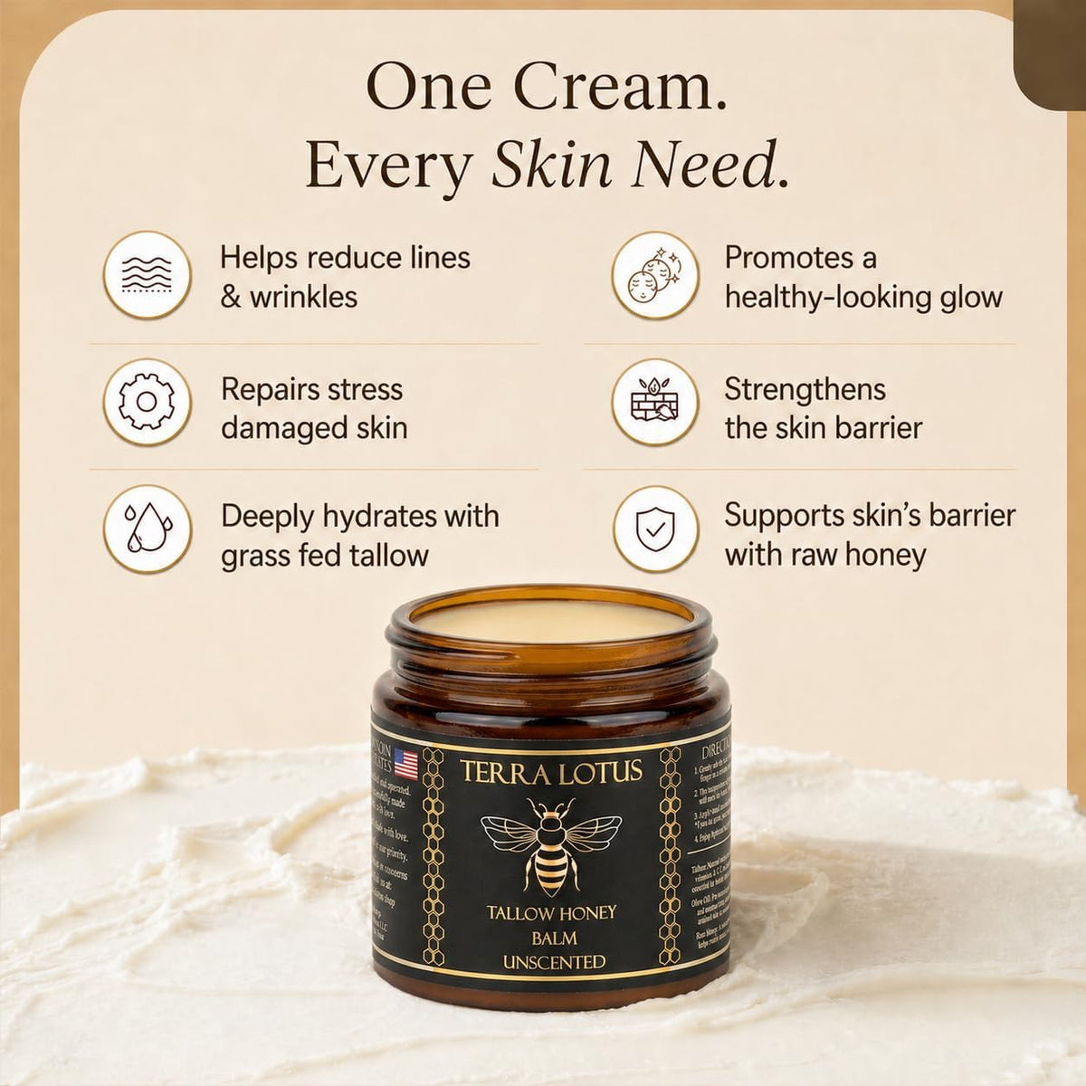 Terra Lotus balm being applied to hands showing smoothing and hydration benefit