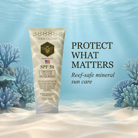 Terra Lotus sunscreen in use at beach showing reef-safe outdoor protection benefit