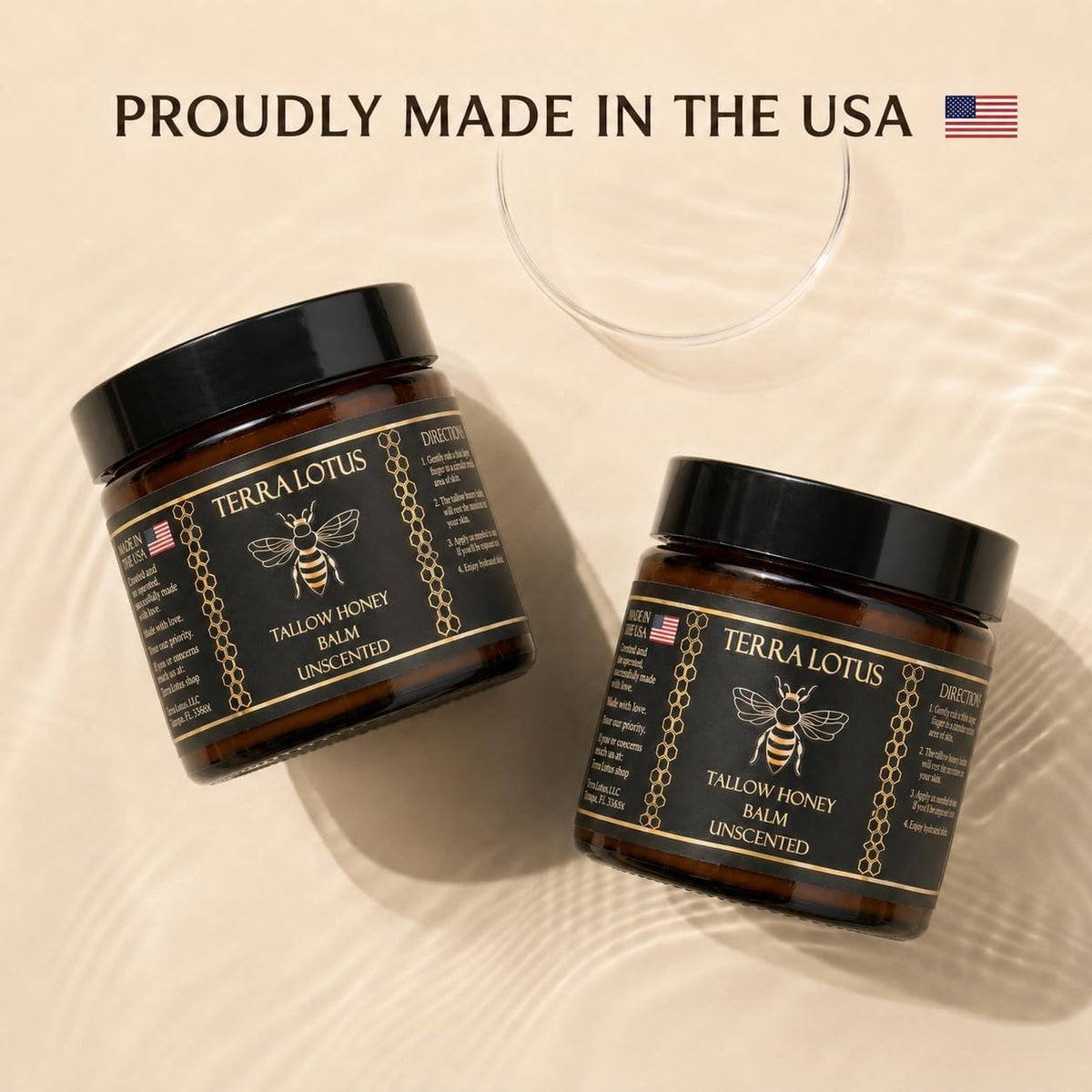 Terra Lotus jar label close-up showing made in USA and small-batch benefit
