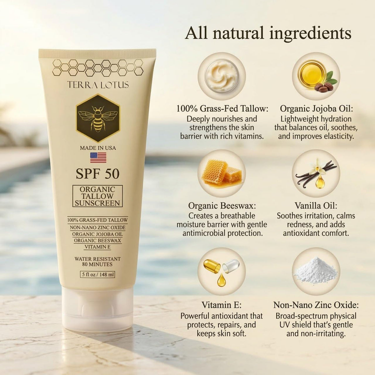 Terra Lotus 5 oz tube beside hand showing travel-friendly size benefit