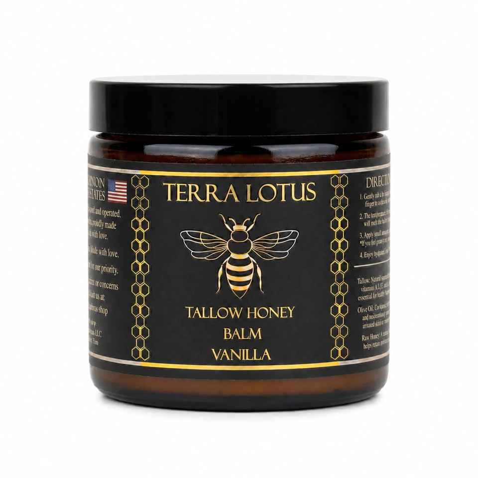 Terra Lotus front jar view showing vanilla honey tallow for natural hydration