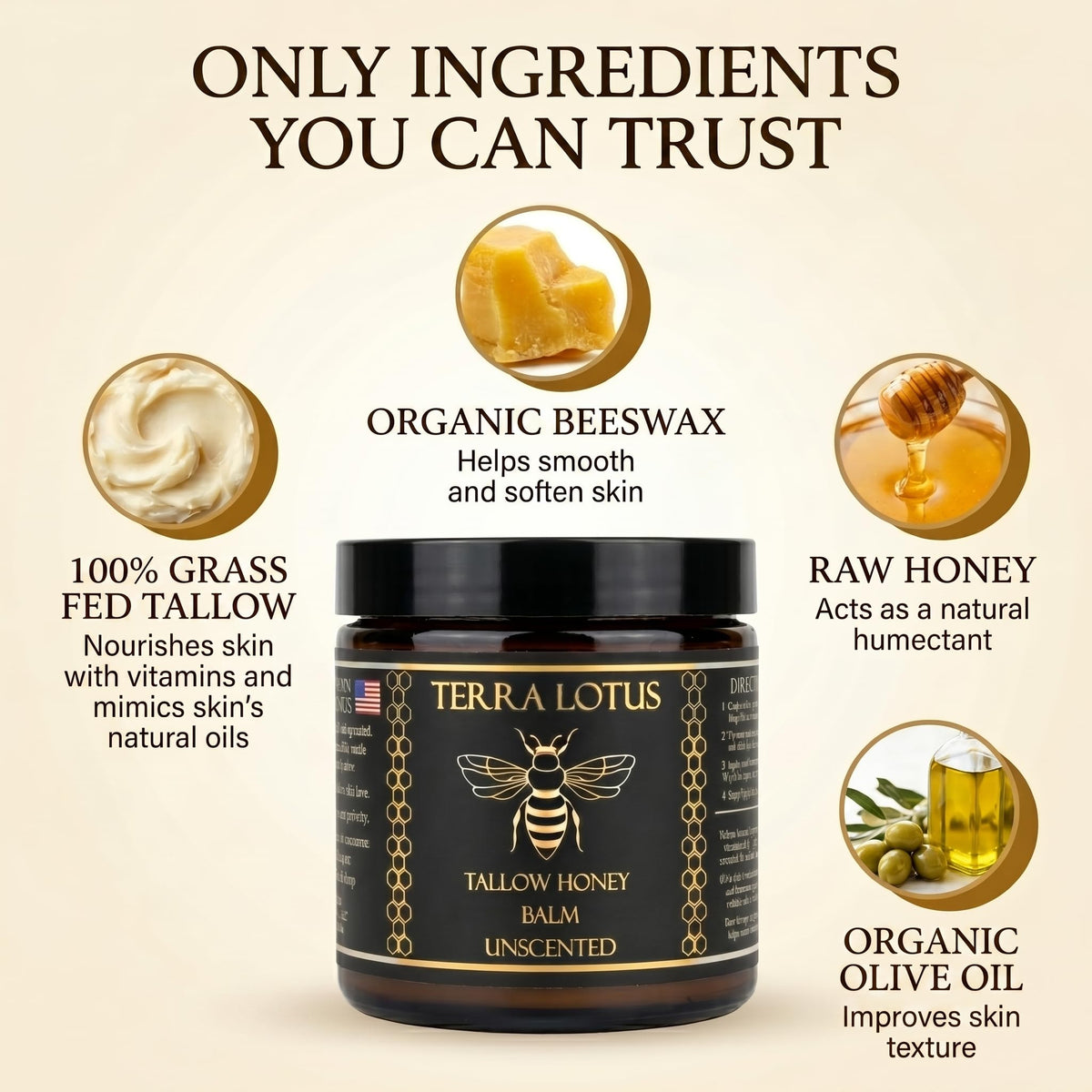 Terra Lotus ingredient display with tallow, raw honey, olive oil emphasizing quality