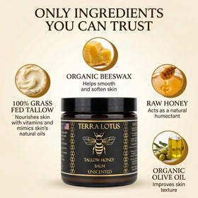 Terra Lotus ingredient display with tallow, raw honey, olive oil emphasizing quality