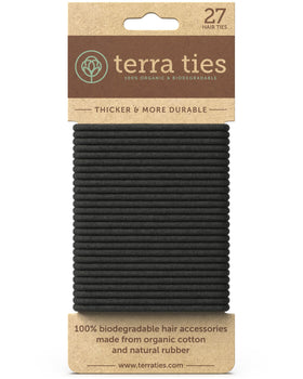 Terra Ties front packaging showing 27 black biodegradable bands and recyclable box benefit