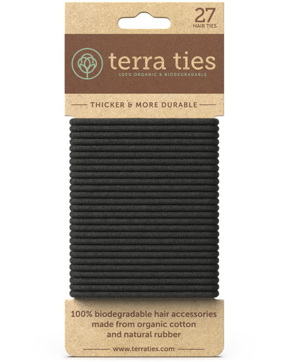 Terra Ties front packaging showing 27 black biodegradable bands and recyclable box benefit