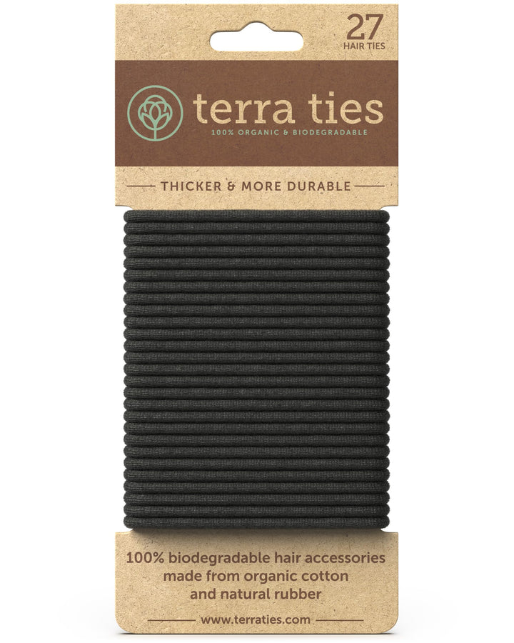 Terra Ties front packaging showing 27 black biodegradable bands and recyclable box benefit