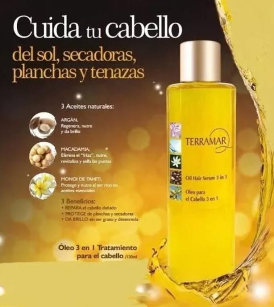 Terramar oil blend close-up with Argan Macadamia Monoi droplets highlighting nourishing ingredients