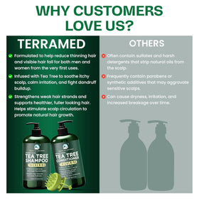 Terramed bottles on bathroom shelf lifestyle shot showing calming scalp routine