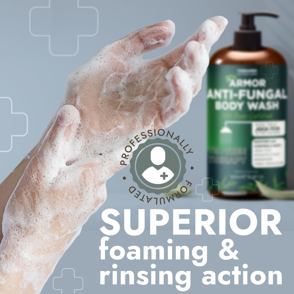 Terramed wash being used in shower to control odor after workouts