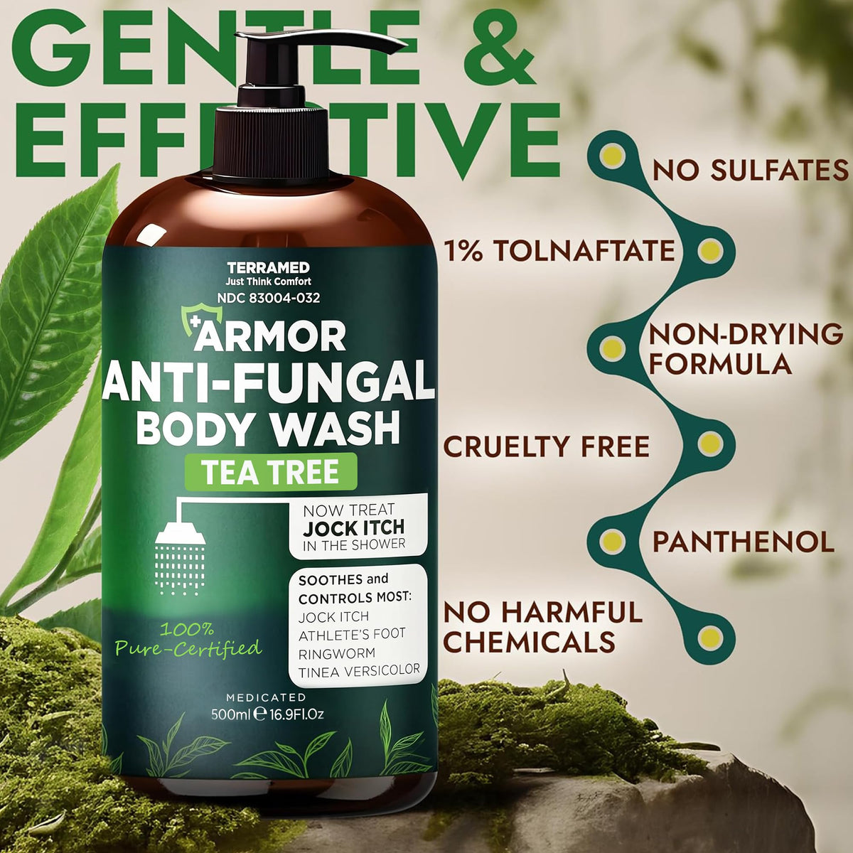 Terramed label close-up highlighting tea tree and aloe ingredients