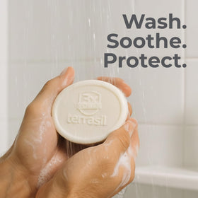 terrasil soap size scale with hand showing compact 75 g travel-friendly bar
