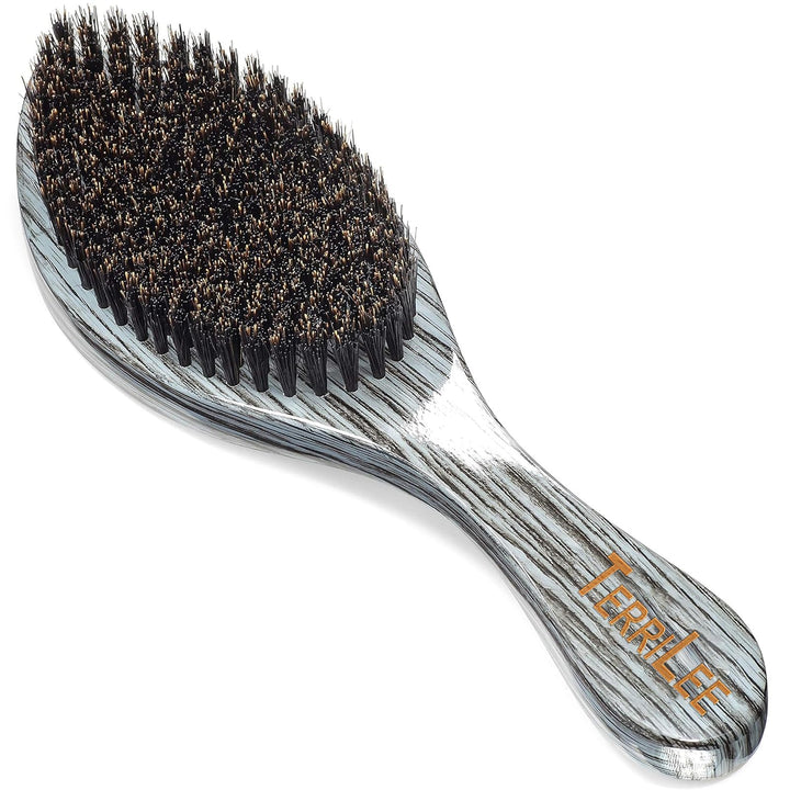Terrilee brush front view showing beech head and long grey handle for comfortable waves