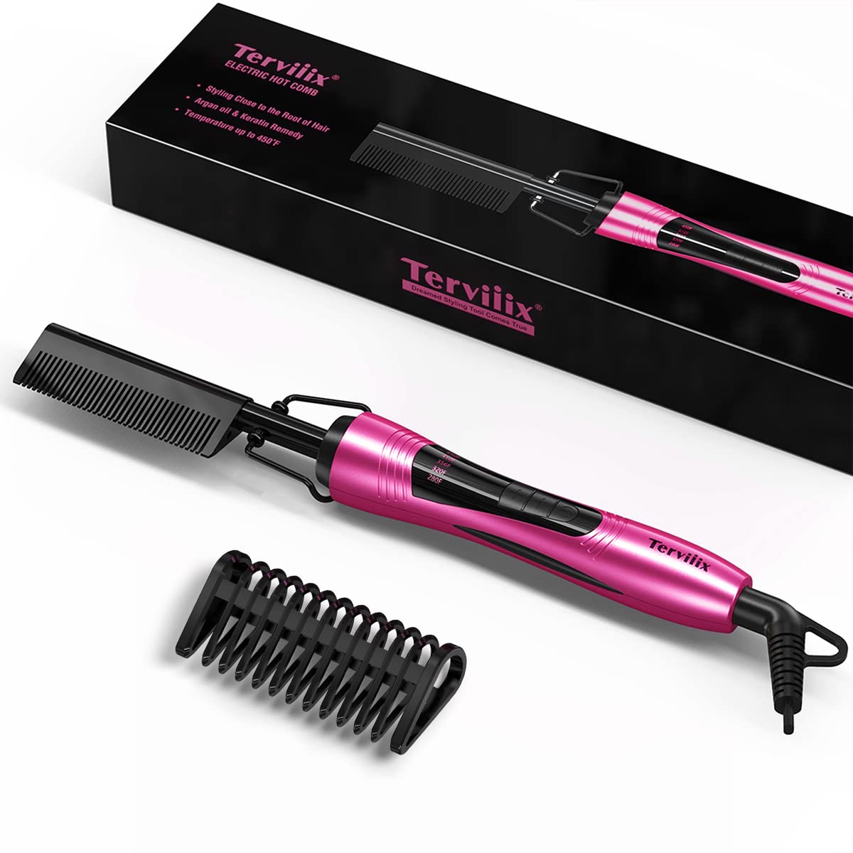 Terviiix hot comb front view showing shape and controls for precise styling