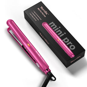 Terviiix mini flat iron front view showing compact pink body and plates for travel-ready styling