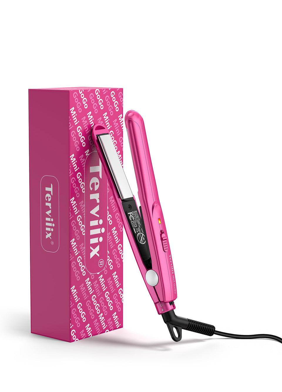 Terviiix mini flat iron front view showing compact pink design and controls for travel-ready styling