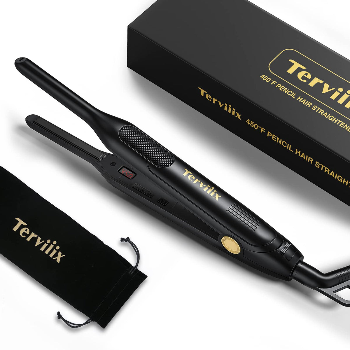 Terviiix pencil flat iron front view showing compact design and controls for precise styling