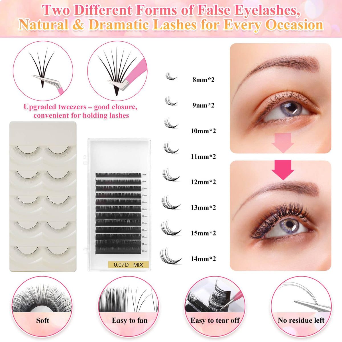 Tetutor mixed D-curl lashes laid out to show 8–15mm lengths for styling practice