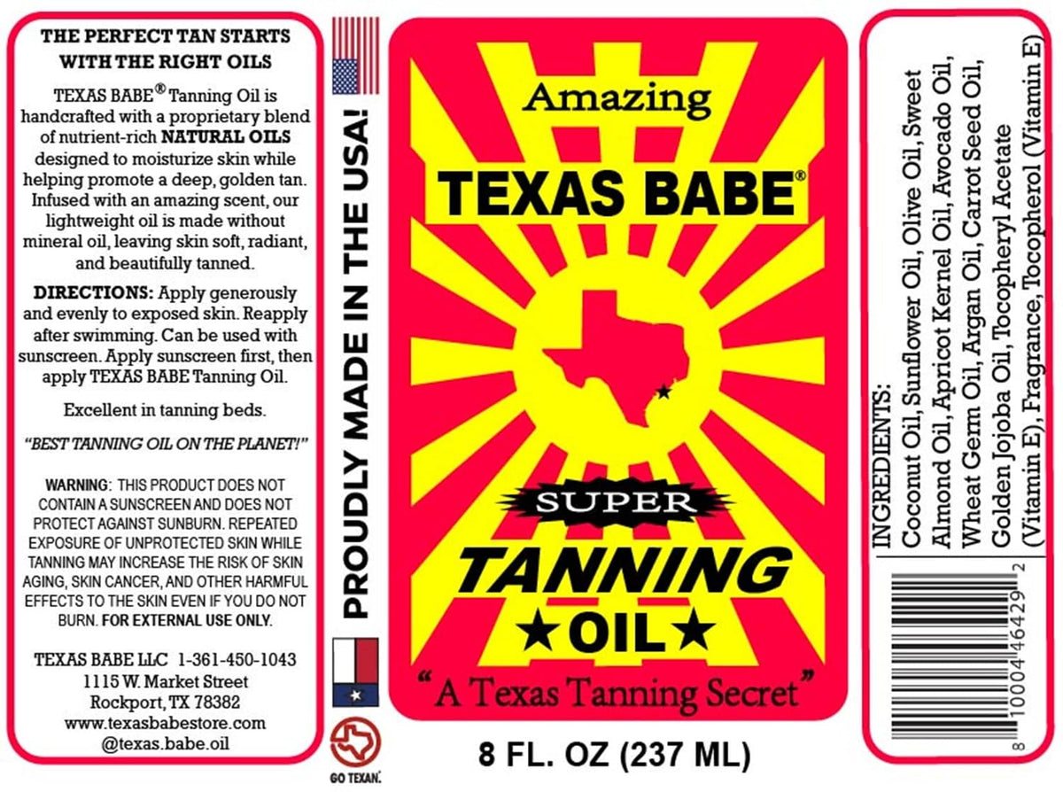 Texas Babe bottle on a beach at sunset evoking a radiant tan and relaxed lifestyle