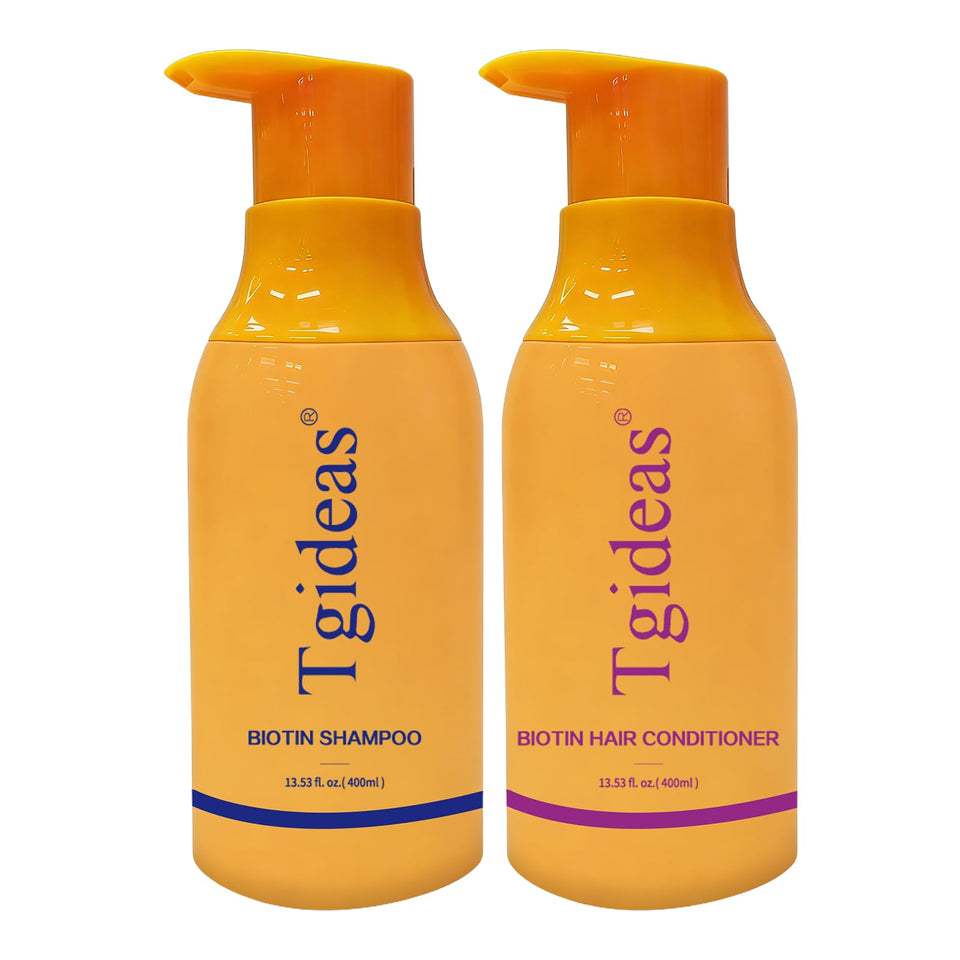 Tgideas front view of shampoo and conditioner bottles showing full set benefits