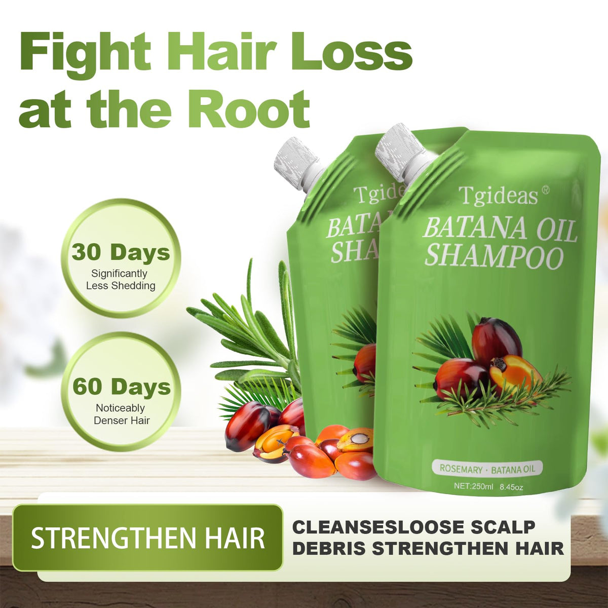 Tgideas shampoo on bathroom shelf with plants, evokes natural, calming routine