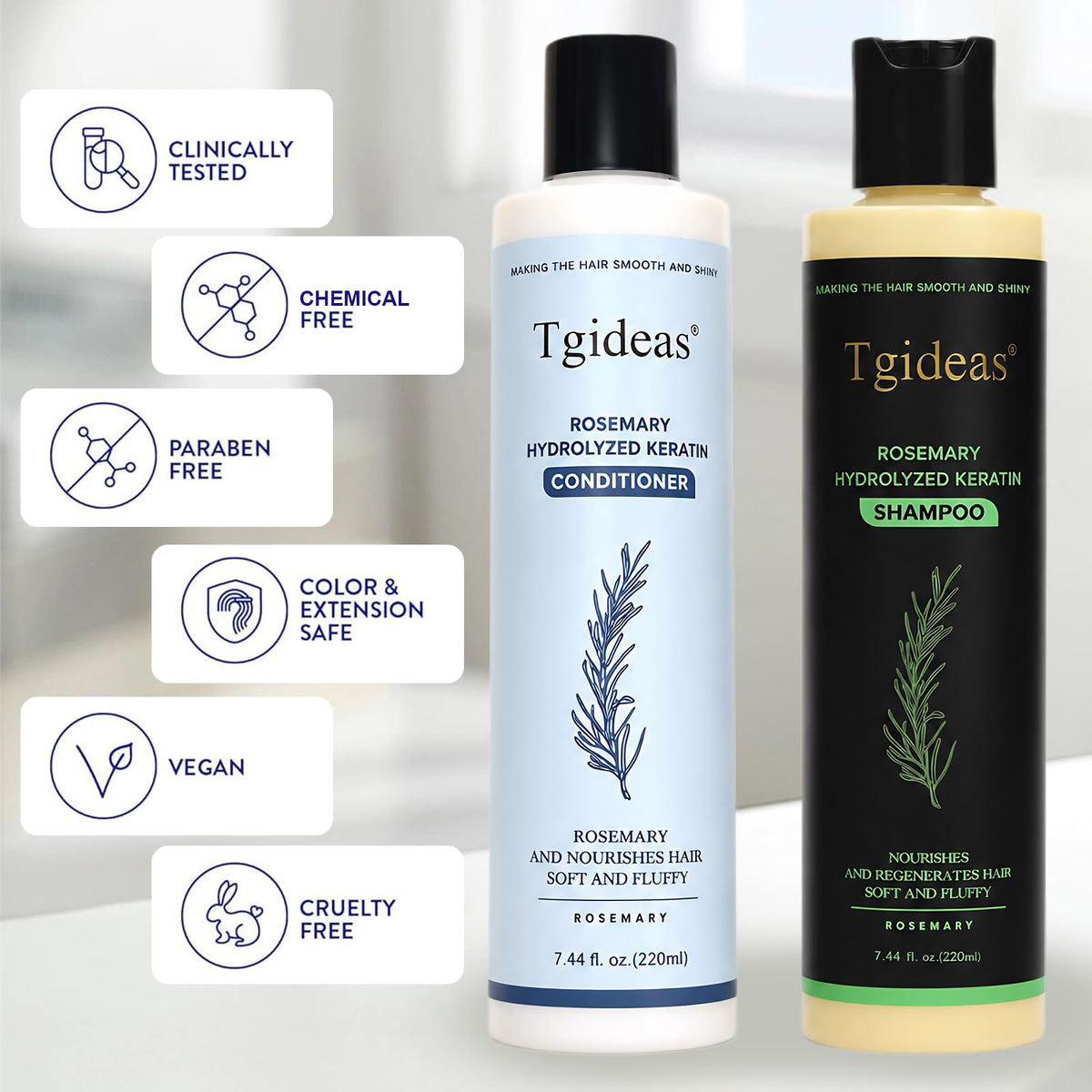 Tgideas conditioner bottle in hand to demonstrate 7.4 fl oz scale
