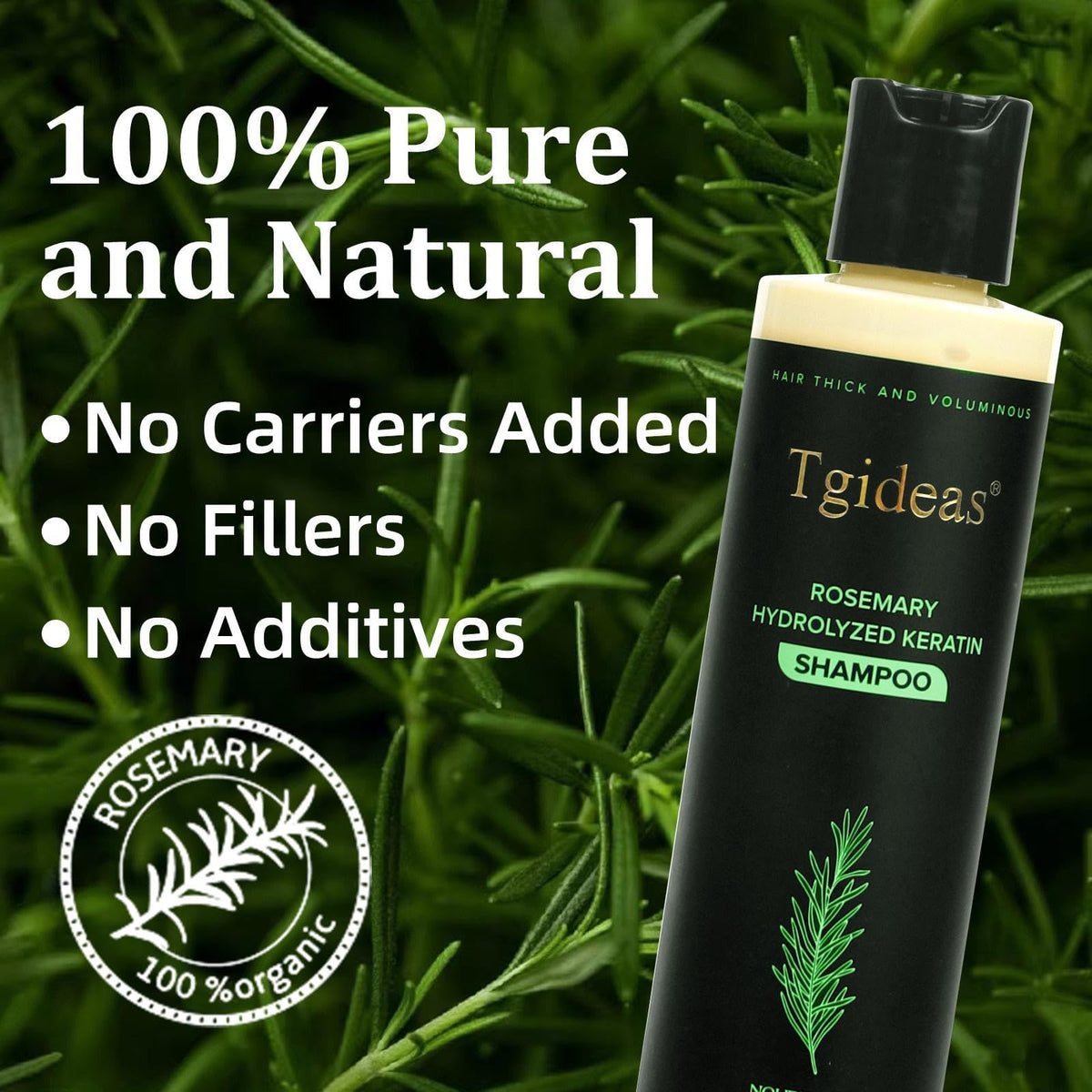 Fresh rosemary sprigs beside Tgideas bottle emphasizing botanical nourishment