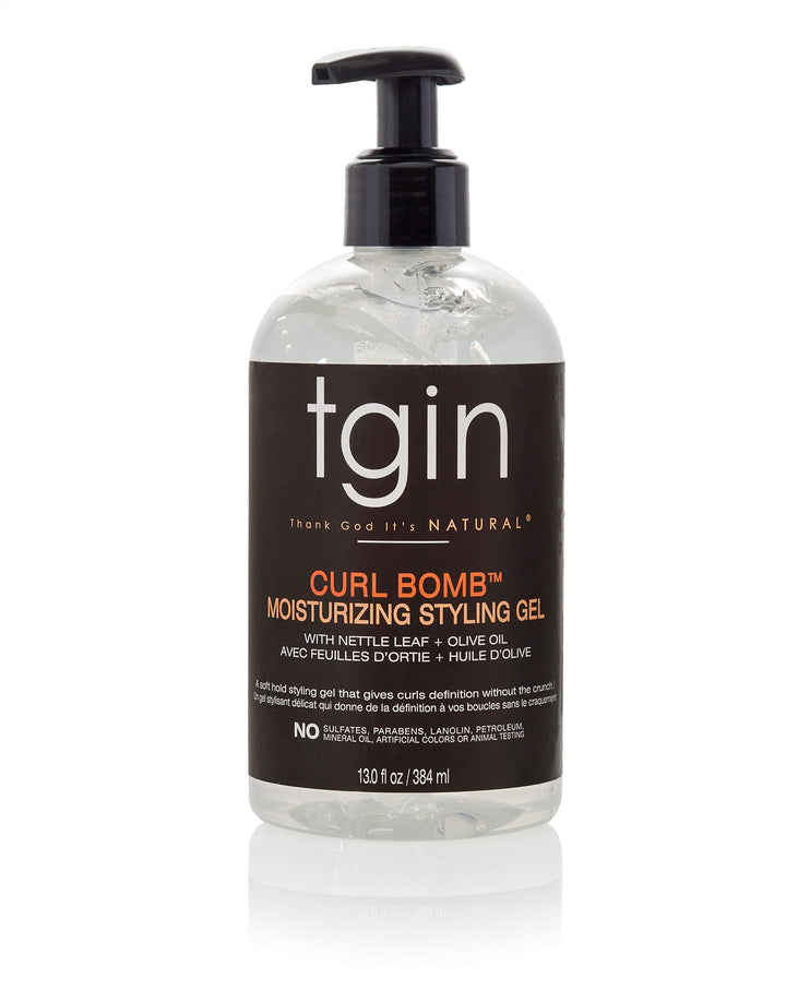 tgin Curl Bomb front bottle view showing label and pump, benefit: easy dispensing
