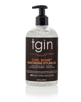 tgin Curl Bomb applied to curls while diffusing, benefit: enhanced definition and reduced frizz
