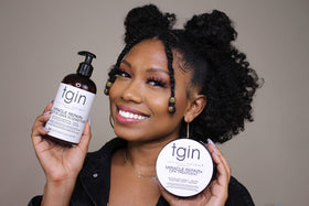 tgin product in use applied to curly hair mid-lengths demonstrating stronger strands