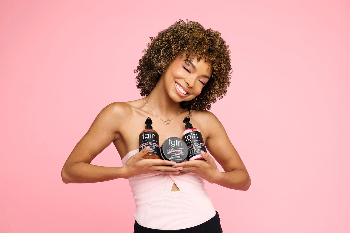 tgin shampoo pouring onto wet hair demonstrating gentle cleanse benefit