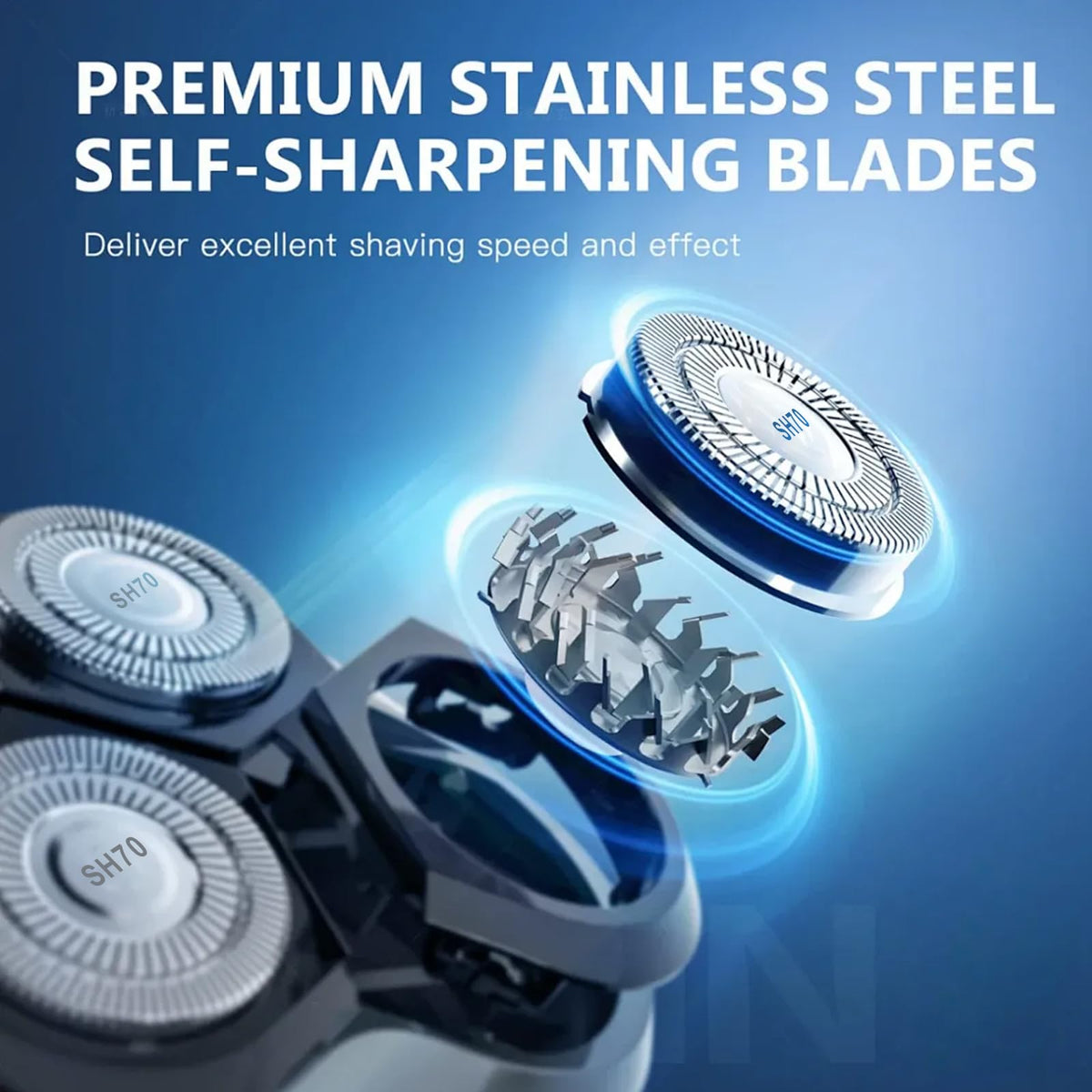 TGSBHIO SH70 double-blade detail showing the two-stage cutters for closer, smoother shaving